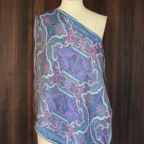Vintage Vera Scarf, Blue and Purple and Pink Silk and Rayon, Square Designer - Picture 3 of 10
